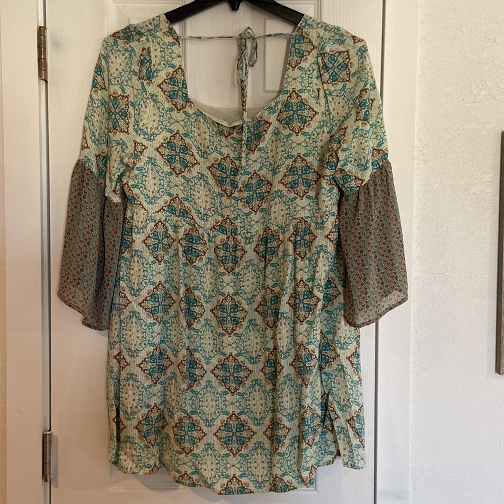 Umgee Aqua Teal Patterned Mini Dress with Olive Bell Sleeves - Picture 9 of 11